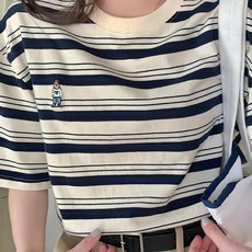 데일로엔 여성용 곰돌이 자수 줄무늬 반팔티셔츠 일로엔 여성용 곰돌이 자수 줄무늬 반팔티셔츠