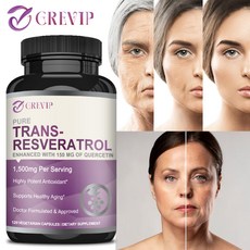 GREVIP 트랜스레스베라트롤 1350mg 심장 피부 손톱 노화 방지 및 항산화 60/120 캡슐, 3개, 120정
