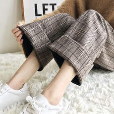 여성 가을 겨울 빈티지 루즈핏 체크 모직7/9부 바지
