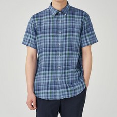 빈폴 아울렛 남자 린넨 체크 반팔 셔츠 블루 여름 남방 H-365O11P