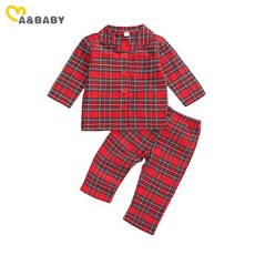 어린이잠옷 Ma &amp; Baby 1-6Y 크리스마스 아이 아기 소년 소녀 잠옷 세트 붉은 격자 무늬 긴 소매 탑스