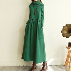 Crzen 여자 가을 겨울 빅사이즈 긴팔 원피스 와이드핏 터틀넥 롱 원피스 23N615