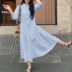 POMTOR 여성 언밸런스 셔츠 원피스 빅사이즈 폴로넥 롱원피스