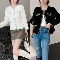 모디쉬 허브 가을 겨울 하객룩 우아하고 고급스러운 배색 니트 가디건 펄 트위드자켓