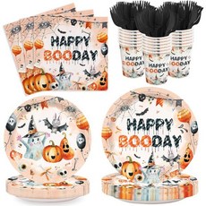 120pcs 할로윈 파티 접시 냅킨 해피 부 데이 용품 종이컵 포크 일회용 고스트 배트 디너 식기 세트 24명의 손님에게 제공, Happy Boo Day