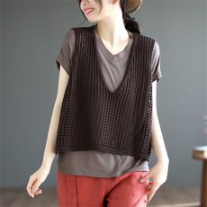 besteffie 베스트 여성용 여름 망사 그물 니트조끼 베스트 빈티지 빅사이즈 오버핏 니트 펀칭 베스트 E88