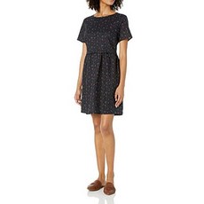 아마존 브랜드-Goodthreads Womens Relaxed Fit Washed Linen Blend Short-Sleeve Fit and Flare Dress wi, Navy Mini Floral_Large, Navy Mini Floral