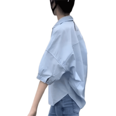 (2SET) 여성용 루즈핏 반팔 셔츠 화이트 셔츠 캐주얼 슬림 셔츠 자외선 차단 40-80KG