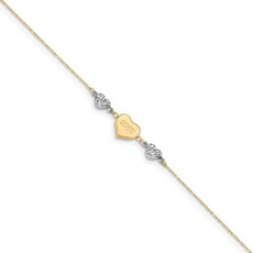14k 옐로우와 화이트 골드 투톤 다이아몬드 컷 퍼프 하트 러브 1 in Ext Anklet 9 "