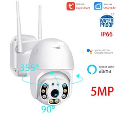 영어 매뉴얼 5MP Tuya Smart IP66 아웃도어 클라우드 무선 와이파이 보안 CCTV 모니터링 카메라 알렉사 구글 화이트닝 컬러 야시, 아니오, 알렉사., 금 플러그, 1개