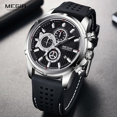 MEGIR 육군 스포츠 쿼츠 시계 남성 크로노 그래프 실리콘 스트랩 손목 시계 럭셔리 브랜드 Relogios Mascuoino 시계 2101 실버|수정 시계|