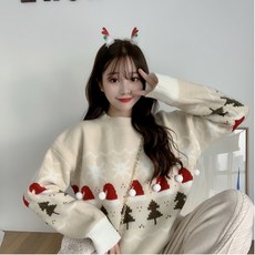 레드 크리스마스 눈꽃 스웨터 여성 겨울 루즈핏 와이드 아우터 풀오버 니트 겨울스웨터