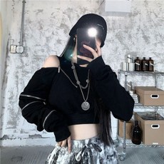 KOSAHIKI Y2K 여성용 빈티지 크롭 후드 블랙 지퍼 긴 소매 오프 숄더 스웻셔츠 하라주쿠 풀오버 그런지 의류