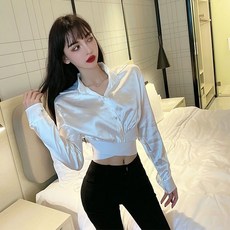 H21058 쉬폰 셔링 크롭 긴팔 블라우스