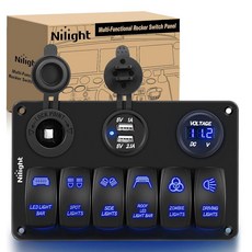 Nilight 6갱 로커 스위치 패널 레이저 에칭 알루미늄 LED 라이트 바 담배 라이터 및 듀얼 USB 충전기 전압계 포함 12V-24V 자동차 트레일러 UTV 보트 RV 캠핑용, 6 갱