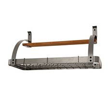 Rack It Up Bookshelf Wall Pot Rack with Wood Shelf and 8 hooks Steel Gray Hammertone, 본상품