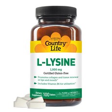Country Life L-Lysine 1000mg with Vitamin B6-100 T Country Life L-Lysine 1000mg 비타민 B6-100정 - 콜라겐과 조, 1개