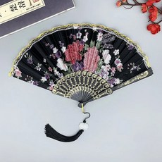휴대용 접이식 부채 실크 천 골드 엣지 팬 전통 무용 선풍기 스타일 수제 장식, Black B, 1개