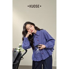 KUOSE 쿠오세 블루 체크 프릴 긴팔 셔츠