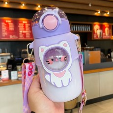 YAYAMA대용량 만화 플라스틱 빨대 컵 멜빵 어린이 휴대용 야외 주전자 학생 등교 손잡이 컵, 자주색, 720ml, 1개