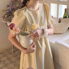 [니썸] [당일발송/나시 반팔/FREE L] 여성 여름 바스락 라운드 퍼프 스트링 반팔 원피스/시트러스스트링원피스
