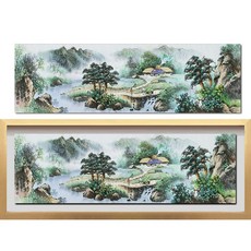 (진품) 진짜 그린 산수화그림 배산임수 액자 동양화 풍수 풍경 그림 풍경화 물, 골드액자