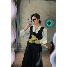쇼핑쇼핑몰 셔츠원피스세트 봄옷 퍼프소매 멜빵 CHIC 플랫카라 원피스코디