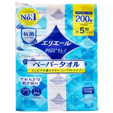 elleair 艾黎艾爾 柔韌吸水擦手紙巾抽取式, 200組, 2枚重疊, 紙漿100%, 抗菌薄膜包裝, 柔軟溫和, 體積小巧, 200張, 5包, 1袋
