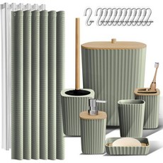 클라라 클라크 욕실 액세서리 세트 녹색 샤워 커튼 및 러그가 있는 쓰레기통이 22PC, Complete Set, Sage Green, 1개