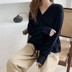 옷자락 여자 브이넥 노카라 버튼 허리끈 블라우스
