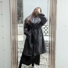마이비클로젯 / 프라다원단 [남녀공용] 블랙 M 후드 바람막이 허리 스트링 집업 롱 점퍼 / 야상점퍼 레인코트