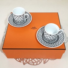 [HERMES] 에르메스 H 데코 커피 컵 받침 90ml 2P페어 세트 화이트 593604, 2P세트 593604