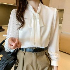 총브로 긴팔 블라우스 리본넥 셔츠 썸머 정장 패션 쉬폰 상의 데일리룩