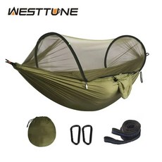 WESTTUNE 캠핑 해먹 모기 방지 메쉬 포함 자동 개방 나일론 야외용, 아미그린 L