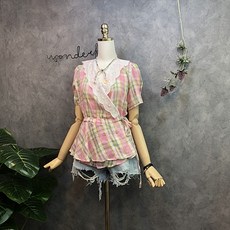 라임브릿지 아사 체크 펀칭 프릴 카라 랩 반팔 블라우스