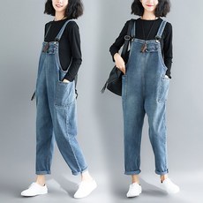브엘세바 여성용 루즈핏 청 데님 멜빵 바지 J9916