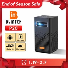 가정용 소형 프로젝터 미니빔 캠핑빔 스크린 BYINTEK P20 3D 4K 시네마 1080P 스마트 안드로이드 와이파이 LED DLP 홈 시어터 야외 휴대용 미니 배터리 포함, 1개