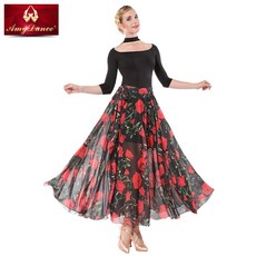 라틴 댄스 롱 스커트 치마 쉬폰 하의 댄스 복 줌바 레이스 프릴 시스루 한국 현대 무용, 블랙레드플라워시폰