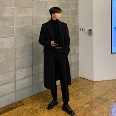 TOPMOX 남성 캐시미어 롱코트 넥 버튼 넓은 어깨 외투