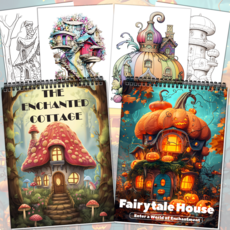 NICEROSE 성인 색칠 세트: The Enchanted Cottage & Fairytale House 아트 컬러링북 책 2권 세트, 마법의 오두막과 동화주택