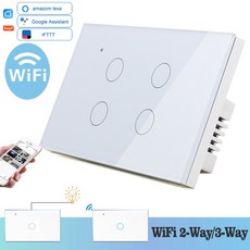 와이파이 터치 라이트 벽 스위치 화이트 유리 블루 LED 118*72mm 스마트 홈 전화 컨트롤 4 갱 2Way 라운드 알렉사 구글 홈 앨리스|스위치|, US3GangBlackR, 1개, 190V-250V