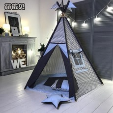 인디언텐트 티피텐트 캠핑 실내용 아기 유아 키즈 어린이 아지트 놀이용 미니 천텐트, 기하학 (쿠션 없음) 무료 별빛 + 구름 + 컬러 플래그