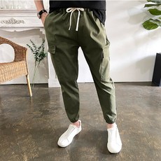 [1+1] 웨일즈 면 린넨 스판 테이퍼드 데일리 크롭 카고 조거 팬츠 밴딩 바지_(3 Colors)