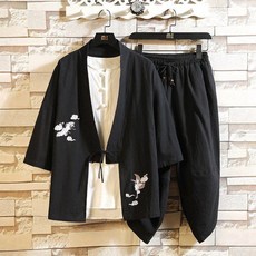 Bakerton 유카타 롱 스카잔 일본 중국 7부 기모노 린넨 오버핏