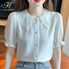 남방 블라우스 H 여왕 새로운 도착 우아한 느슨한 셔츠 여성의 빈티지 작업 캐주얼 시폰 여름 4763236034, 1개, XL