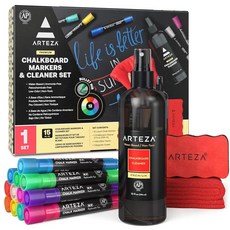 Arteza 칠판 클리너 세트 12가지 다양한 색상 분필 마커 자석 지우개 283.5g(10온스) 및 극세사 패브릭 타월 칠판 메뉴 보드용 사무용품, 15, 1개
