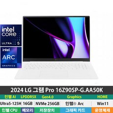 2024 LG 그램 Pro 노트북 16Z90SP-G.AA50K 인텔Ultra5-125H/LPDDR5 16GB/NVMe 256GB/Win11HOME/WQXGA/IPS/화이트, WIN11 Home, 16GB, 256GB, 에센스 화이트