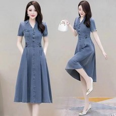 데님 하객룩원피스 반팔 드레스 여성 봄 여름 새로운 패션 슬림 올 매치 드레스 대형 얇은 롱 스커트