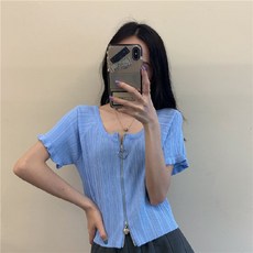MENGHAI루즈핏 반팔 티셔츠 여성 인스타그램 2021 여름 한국판 디자인감 날씬해 보이는 블랙 숏 니트 상의AS164A, 평균, 청색