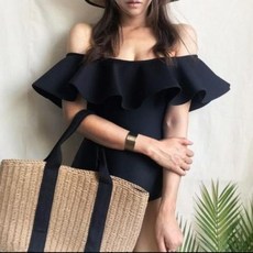 시크 프릴 오프 숄더 모노키니 원피스 수영복, 검정